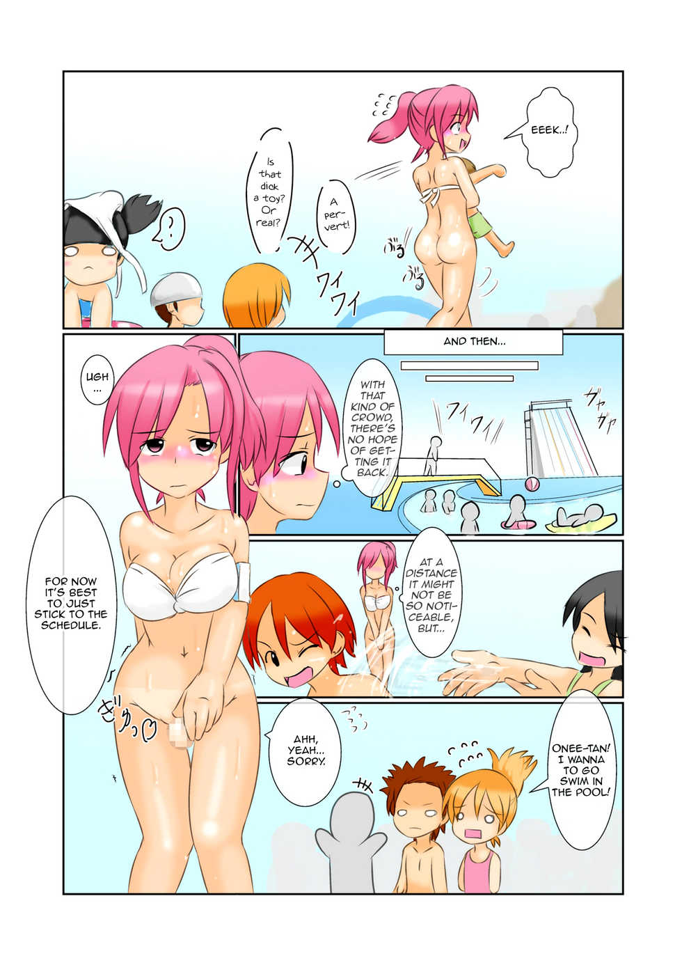 [Kamebeya] Futanari Pool Kyoushitsu ~Tanshou Houkei de Yagai Roshutsu Comic~ | Futanari Pool Classroom [English] [Zero Translations] - Page 4