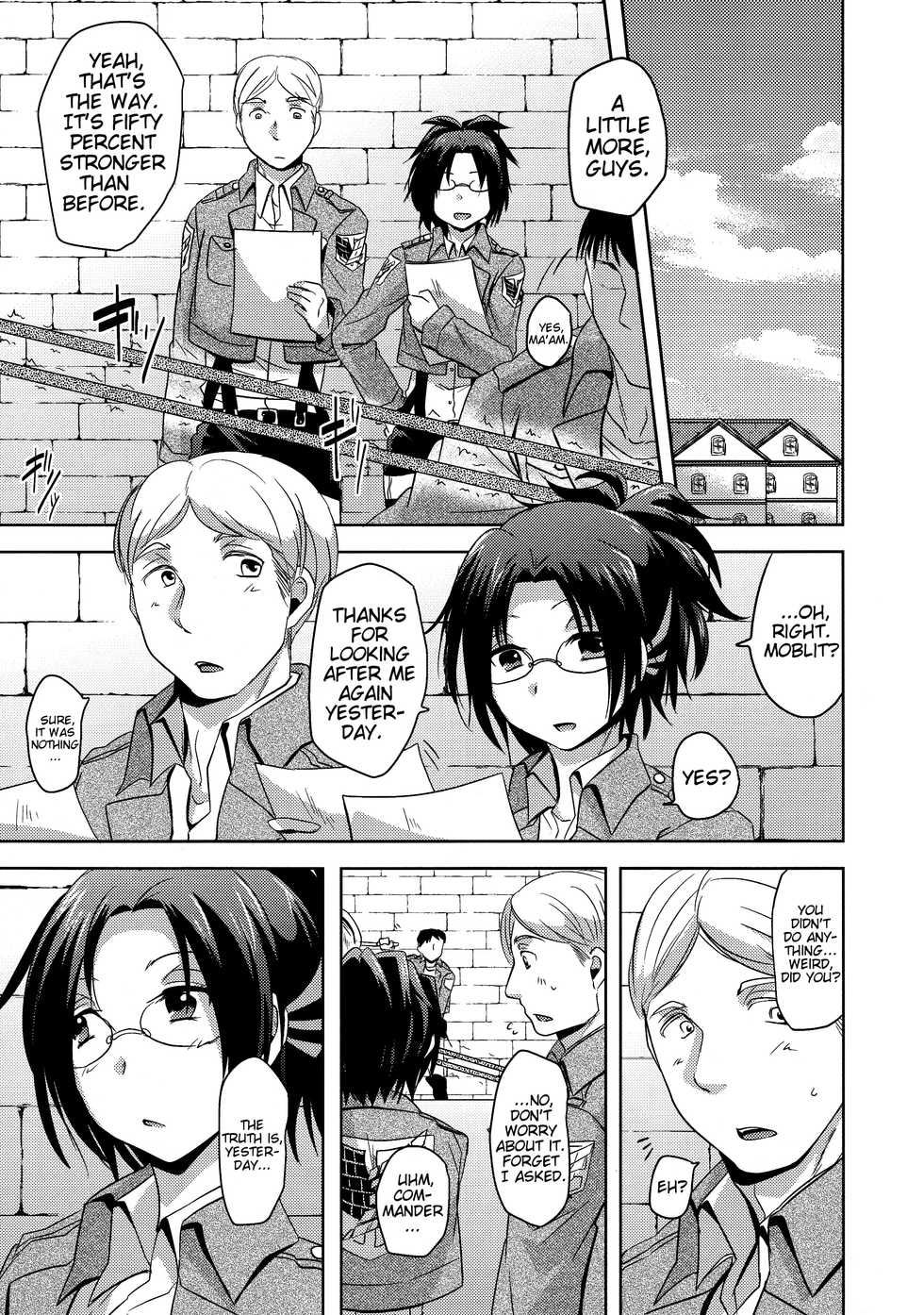 (FALL OF WALL4) [Inubaka (Matsuzono)] Shikkari shite kudasai Buntaichou. | Please take this seriously, Squad Leader. (Shingeki no Kyojin) [English] [EHCove] - Page 13