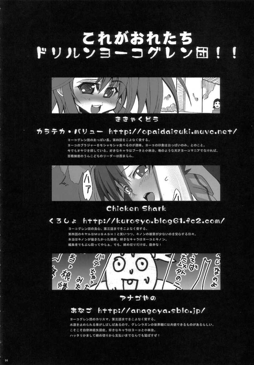 (C70) [Anagoya, Chicken Shark, Kikyakudou (Anago, Karateka-VALUE, Kurosyo)] SOREYUKE! TENGENTOPPA DORIRUN YOKO (Tengen Toppa Gurren Lagann) - Page 4