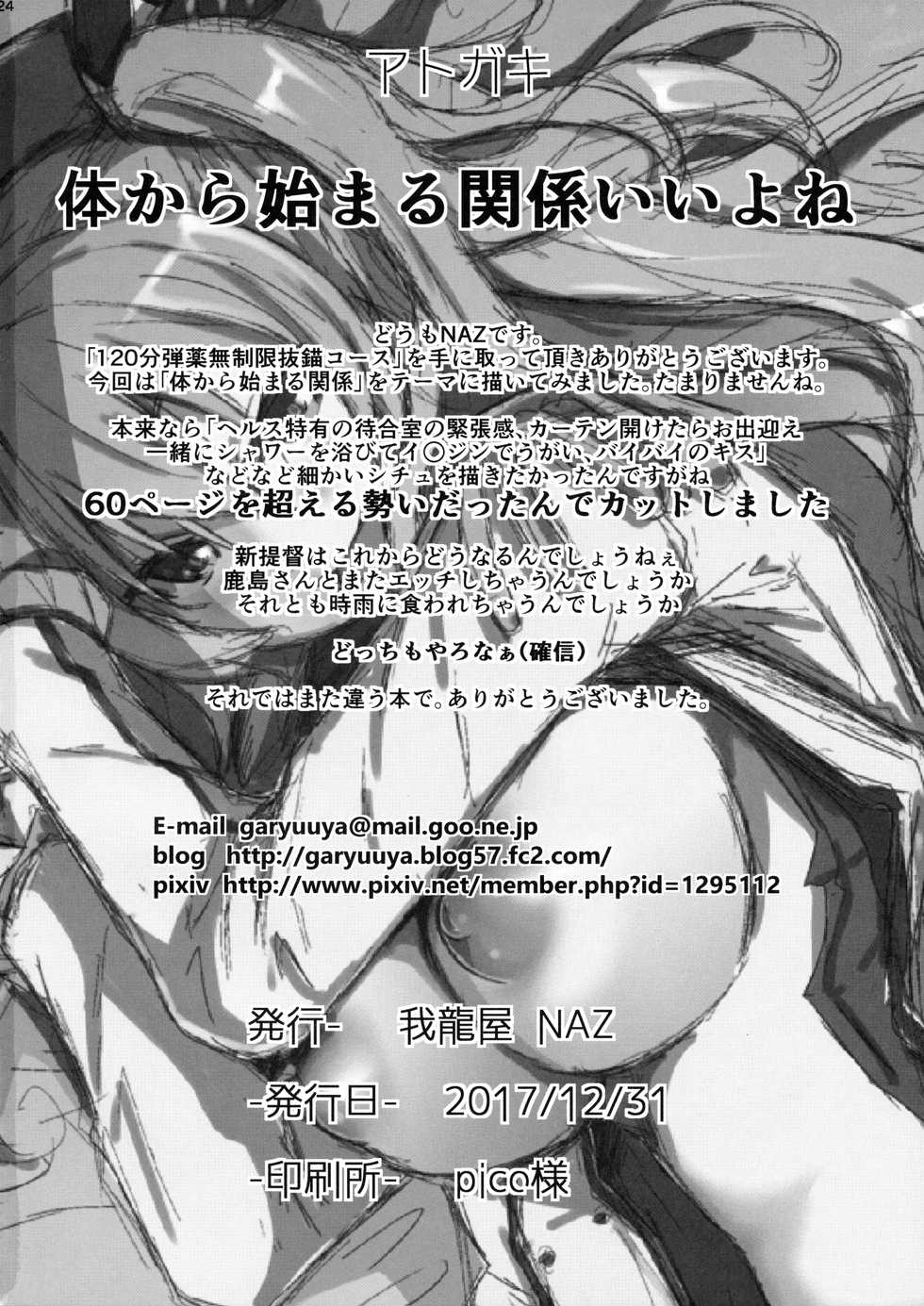 (C93) [GaRyuuYa (NAZ)] 120-ppun Danyaku Museigen Batsubyou Course (Kantai Collection -KanColle-) - Page 23