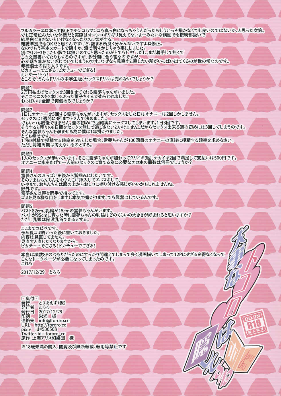 (C93) [Toriaezu(kari) (Tororo)] Daiji na Tokoro wa Kakushite Suru Hon (Touhou Project) - Page 11