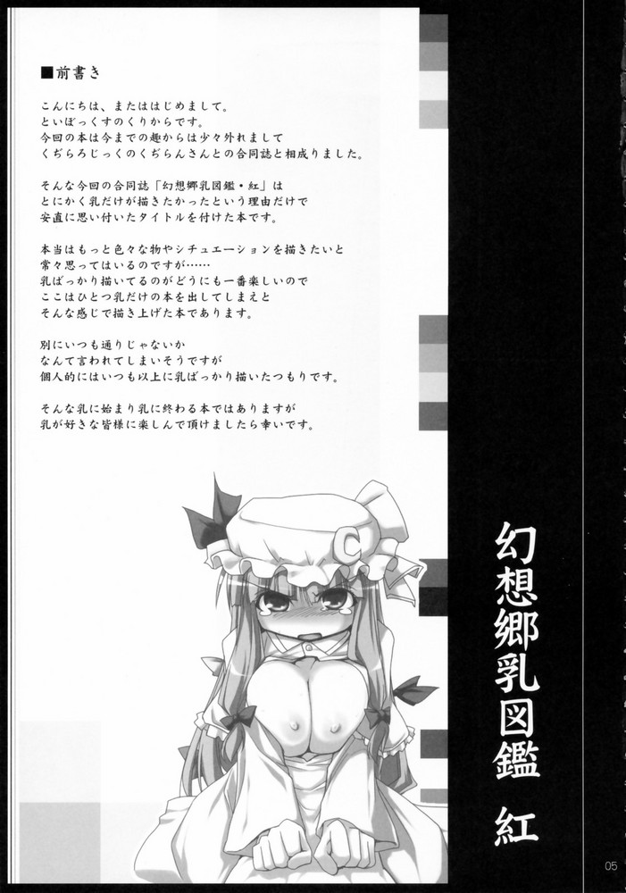 (Shikei wa Iyadakara na) [Kujira Logic, TOYBOX (Kujiran, Kurikara)] Gensou-kyou Chichi Zukan - Kurenai (Touhou Project) [Chinese] [靴下汉化组] - Page 5