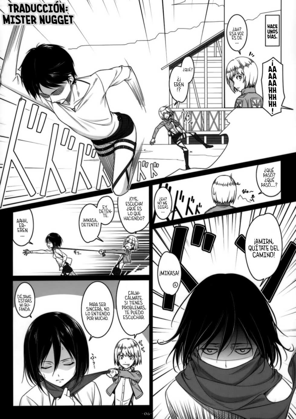 (C84) [Yuusha-sama Go-ikkou (Nemigi Tsukasa)] ATTACK ON MIKASA (Shingeki no Kyojin) [Spanish] [Mr. Nugget] - Page 5