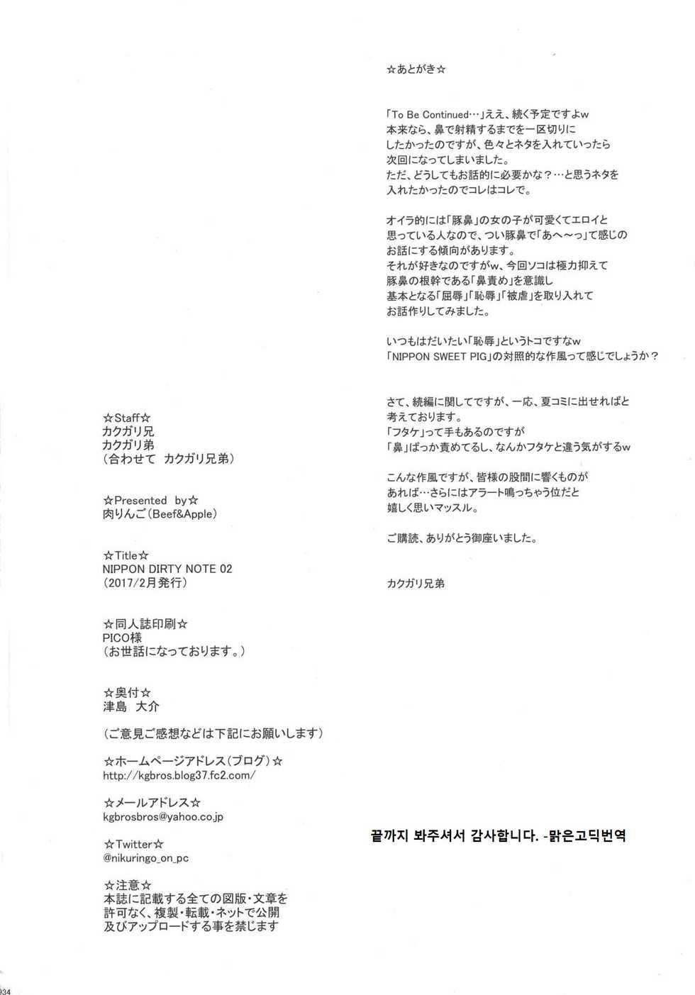 (SC2017 Winter) [Niku Ringo (Kakugari Kyoudai)] NIPPON DIRTY NOTE 02 [Korean] [맑은고딕번역] - Page 34
