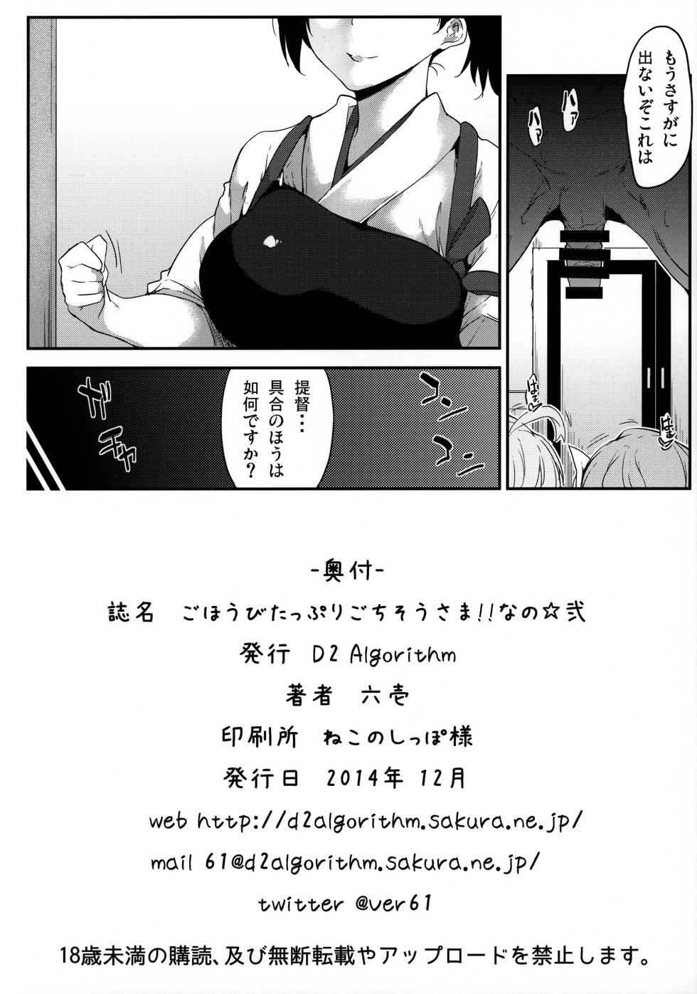 (C87) [D2 Algorithm (Rokuichi)] Gohoubi Tappuri Gochisou-sama!! Nano Ni (Kantai Collection -KanColle-) - Page 21
