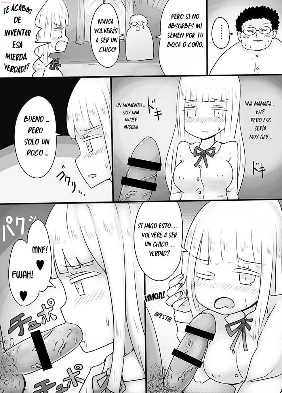 [Murasaki Nyanko Bar (Vae)] Shiraga no Danshi Koukousei ga Akuyuu ni Hamerarete Ayashii Kusuri o Nomasaretara Nyotaika Shite Shimattakeredo Nashikuzushi-teki ni SEX suru Funiki ni Natte Iru. [Spanish] [bananare22] - Page 14