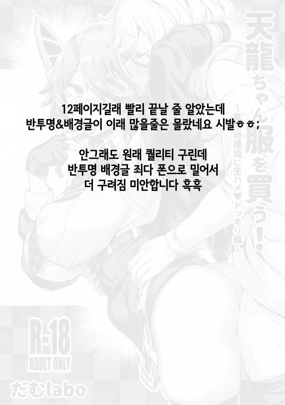 (C97) [dam labo (dam)] Tenryuu-chan Fuku o Kau! ~Shuusekichi Seiki ni Namahame Dokkiri Hen~ | 텐류짱 새 옷 사다! ~집적지서희에게 생섹스♥몰래카메라 편~ (Kantai Collection -KanColle-) [Korean] - Page 13