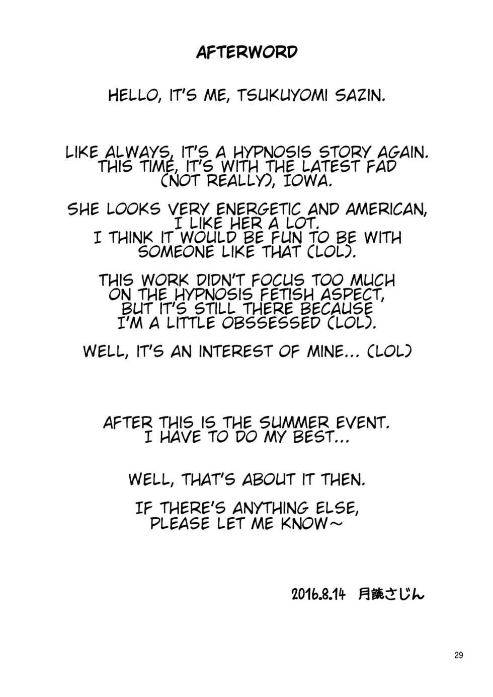 [Magudara Kaihou Doumei (Tsukuyomi Sazin)] IOWA to Saimin de Ichaicha Suru Hon | Fooling around with a Hypnotized IOWA (Kantai Collection -KanColle-) [English] [Digital] - Page 29