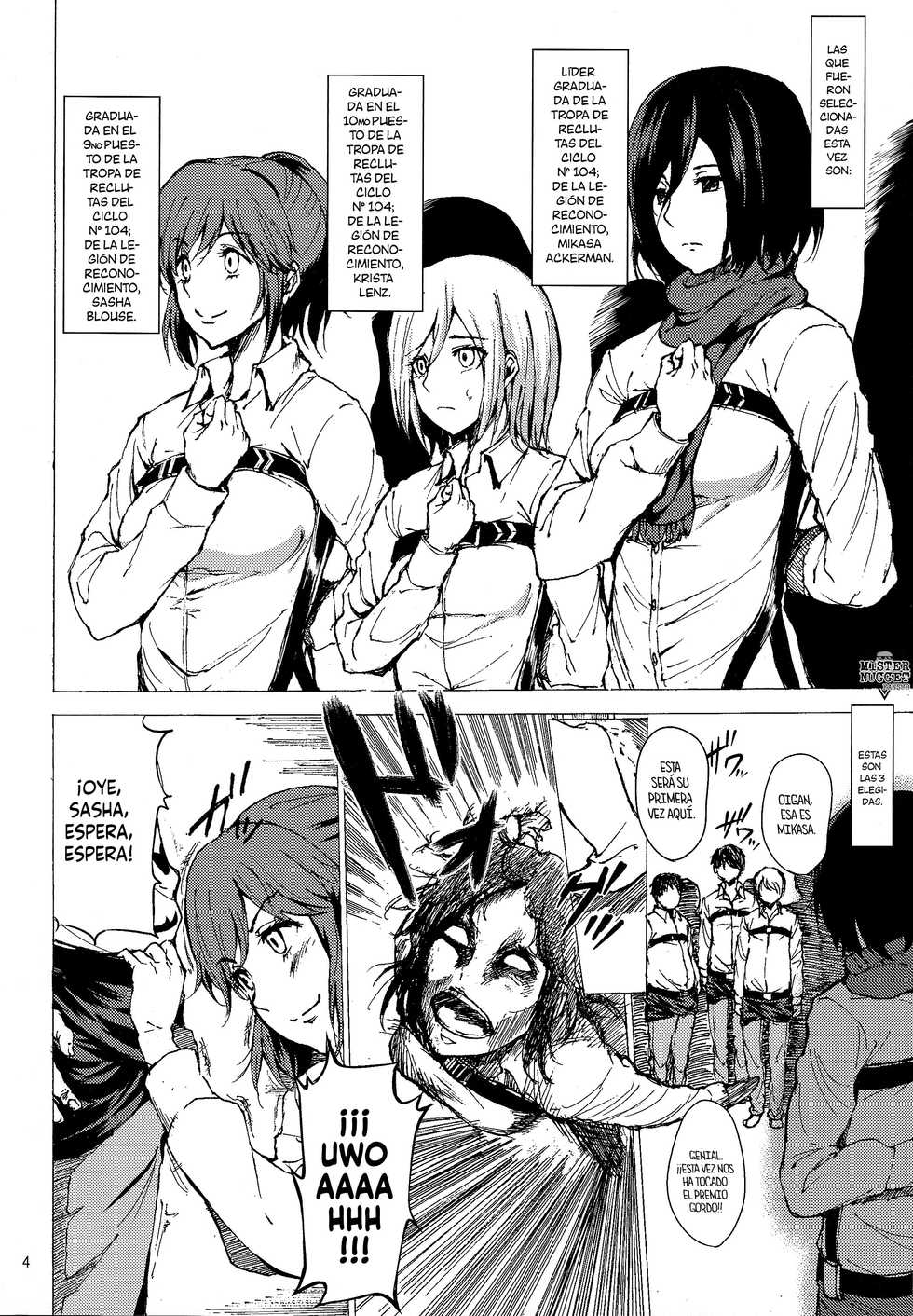 [Jinapakusu (Yowashi)] Chousa Heidan Ura Tokubetsu Kunren | Entrenamiento especial oculto de la Legión de Reconocimiento (Shingeki no Kyojin) [Spanish] [Mister Nugget] - Page 4