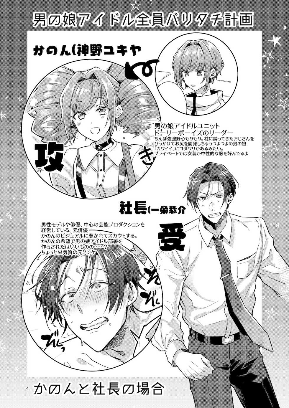 [Keisotsu (Wacoco Waco)] Otokonoko Idol Zenin Baritachi Keikaku vol 1 -Kanon to Shachou no Baai- [Digital] - Page 4
