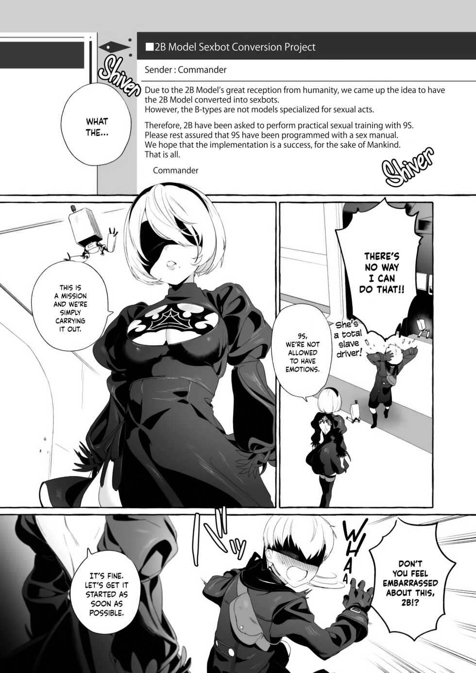 [Ozitan Yasan (Mameojitan)] 2B Model Sexaroid-ka Keikakusho｜2B Model Sexbot Conversion Project (NieR:Automata) [English] [Nishimaru] [Digital] - Page 2