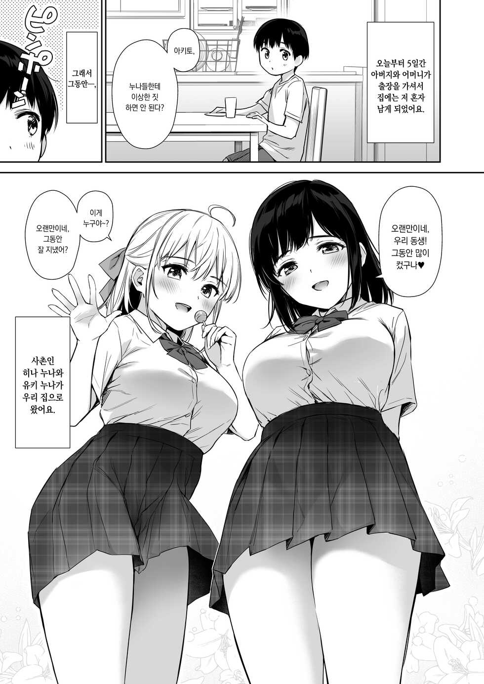 [Amakuchi Syoujo (Umakuchi Syouyu)] Naisho no Hajimete ~Suunenburi ni Atta Shinseki no Bijin JK Shimai ni Ecchi no Tehodoki Sarechaimasu~ | 비밀의 첫경험 ~오랜만에 만난 친척 미녀 JK 누나들에게 섹스의 첫걸음을 떼여버렸습니다~ [Korean] [팀 오바참치] [Digital] - Page 4