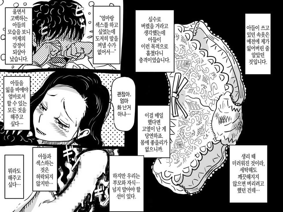 [JUNK Center Kameyoko Bldg] Hajimete no Kinshinsoukan. Issen o Koete Nakadashi Kanbyou o Shite Kureta Mama no Hanashi. | 첫 근친 상간. 금단의 선을 넘어 질내사정 간병을 해준 엄마의 이야기. [Korean] [팀 마스터] - Page 10