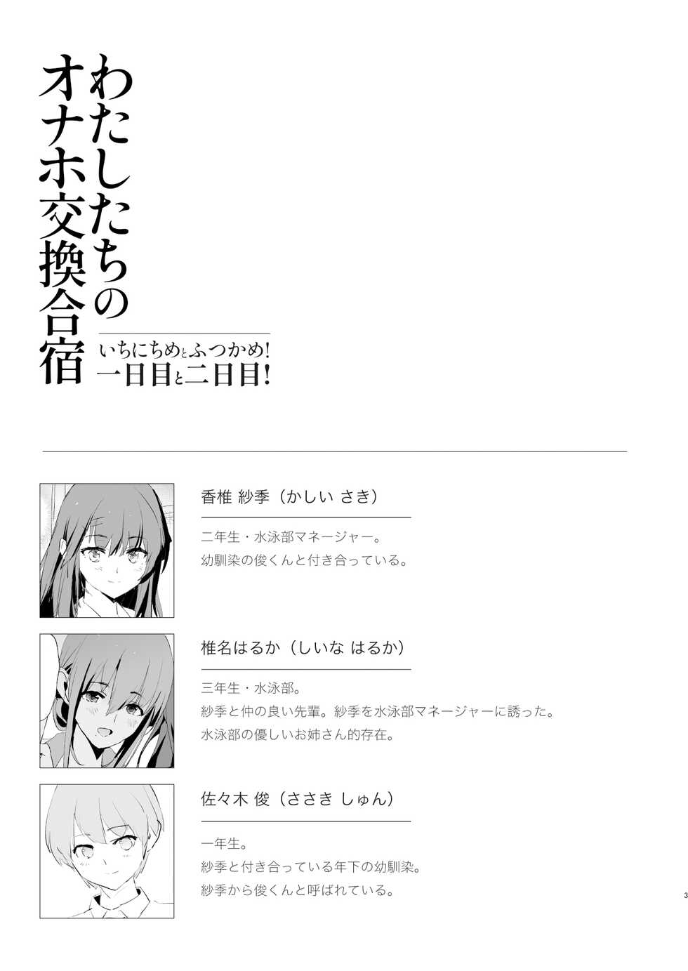 [Yami ni Ugomeku (Dokurosan)] Watashi-tachi no Onaho Koukan Gasshuku Ichinichime to Futsukame! [Digital] - Page 3