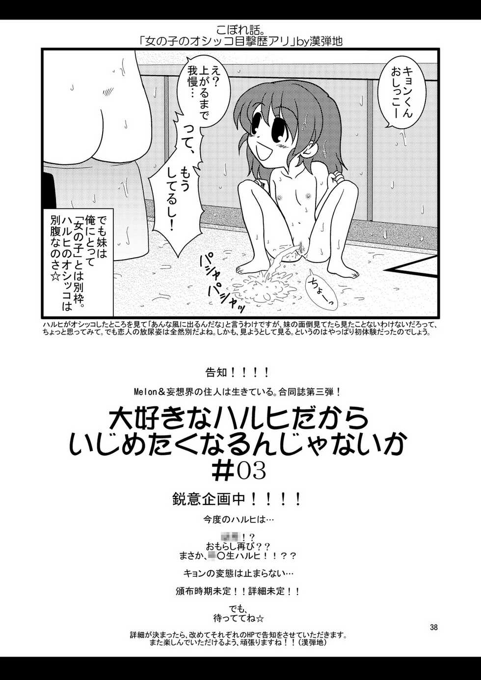 (C76) [Mousou Kai no Juunin wa Ikiteiru. (Kandanchi)] Daisuki na Haruhi dakara Ijime taku narunja naika # 02 Omorashi Choukyou Hen (Suzumiya Haruhi no Yuuutsu) - Page 38