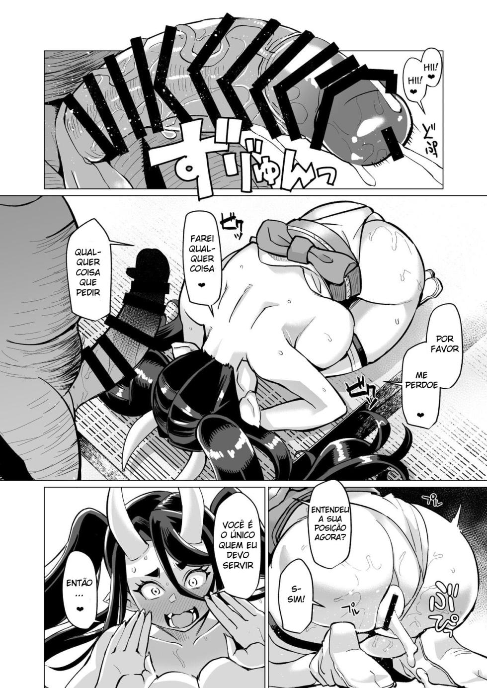 [Kuzunoha (Yumano Yuuki)] Oni Miko Yome Da Furusato de Choushi Koi Teta Shouwaru Oni Lolibabaa ga Jigou Jitoku de Subete o Ushinai Korogarikonde Kita node Oyome-san Ken Onaho ni Shiteyaru Hanashi [Portuguese-BR] [Mundo Hentai] [Digital] - Page 23