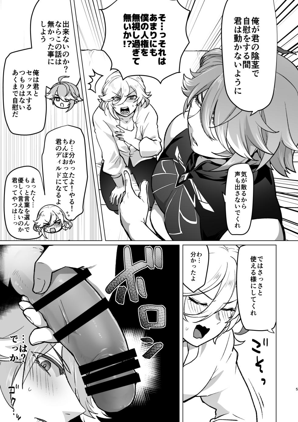 [Orgasm Slap (Ichino Milk)] Doukyonin ni Yachin no Kawari ni Chinpo o Teikyou Shite Morattara Hamacchatta Hanashi (Genshin Impact) - Page 4