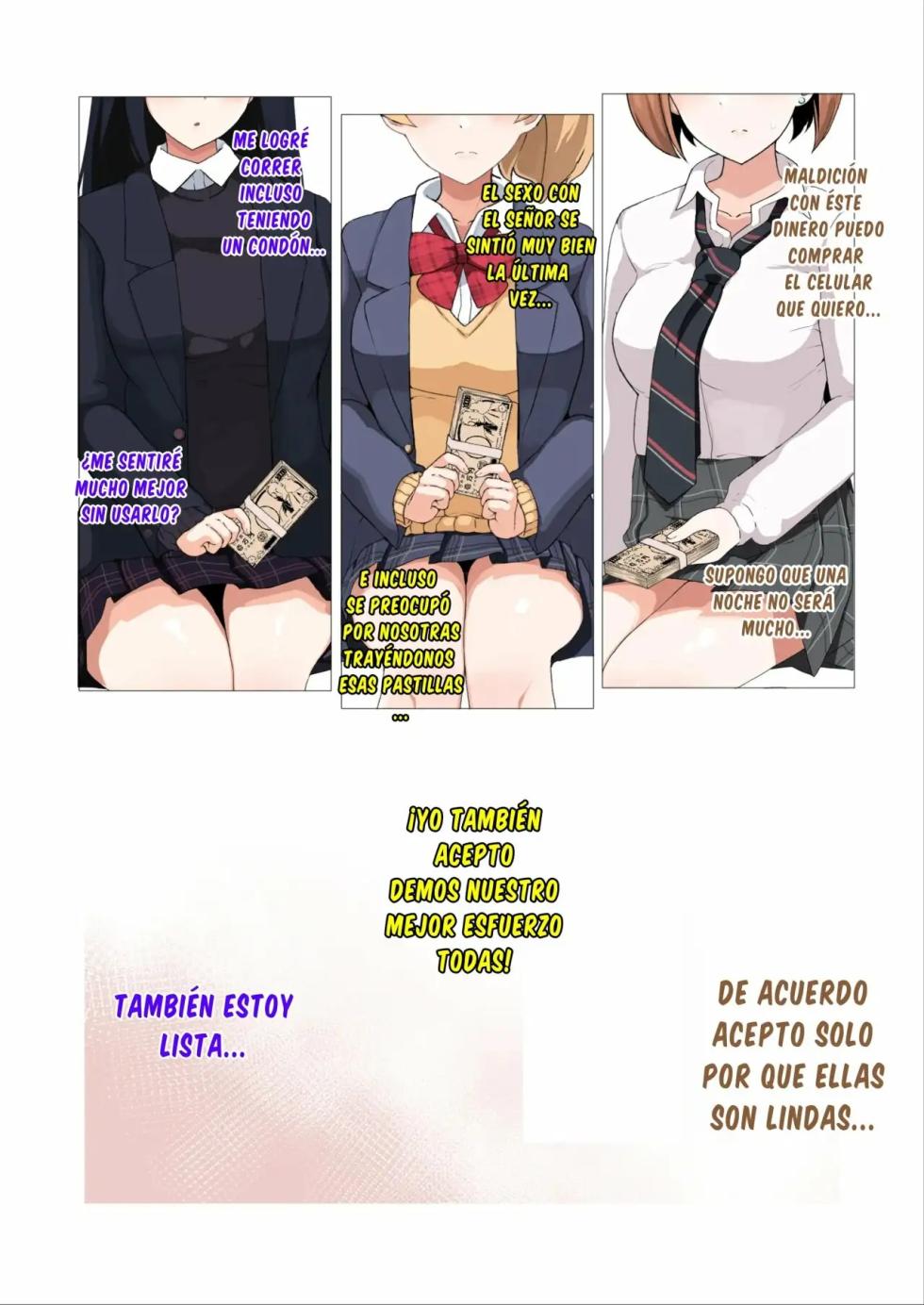 [Sasanoha Toro] Enkou 4P Harem Musekinin Nakadashi H ~Enjoukousai de Seifuku Shoujo 3-Nin ni Nama de Nakadashi Shimakuru~ | Harem de Gyarus Prostitutas [Spanish] [La Muerte es Vida] [Digital] - Page 16