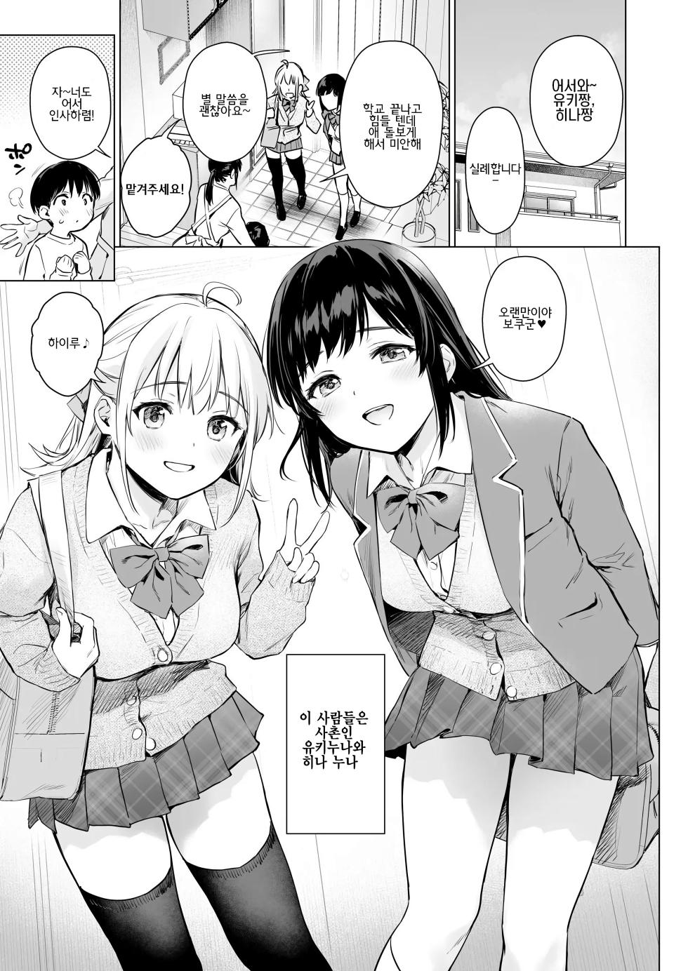 [Amakuchi Syoujo (Umakuchi Shouyu)] Naisho no Seifuku ~Ie ya Hotel de Oboetate no Ecchi o Shinseki no Bijin JK Shimai ni Butsukemasu~ | 비밀의 첫경험  ~집이나 호텔에서 이제 막 알게 된 섹스를 친척의 미인 JK 자매에게 부딪혀보아요~ [Korean]  [Digital] - Page 2