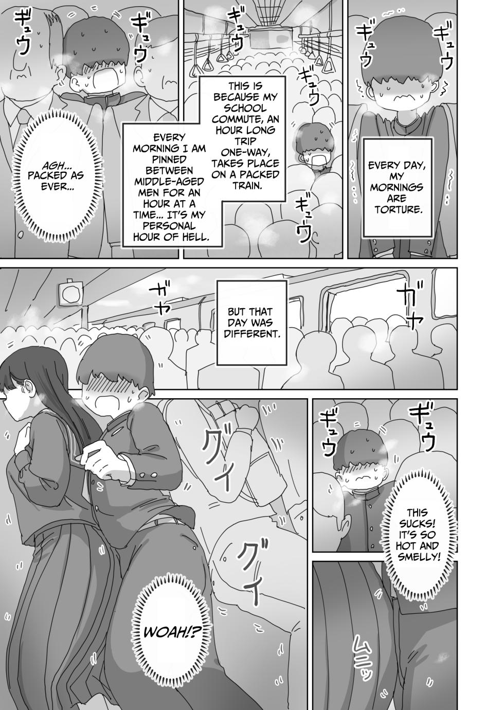 [Hiyashimakura] Densha Tsuugaku-chuu Kossori Nakadashi Sasetekureru Classmate no Kuroi-san | Quietly Cumming in My Classmate on a Packed Train [English] [meatmanTL] - Page 2