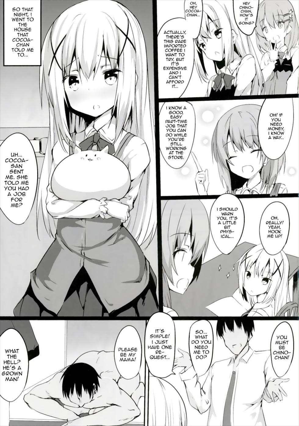 (Futaket 13.5) [Wisteria (Fujihan)] Chino Mama no Semen de Ikuji desu ka? | Can you raise a baby on Chino Mama's Semen? (Gochuumon wa Usagi Desu ka?) [English] - Page 3