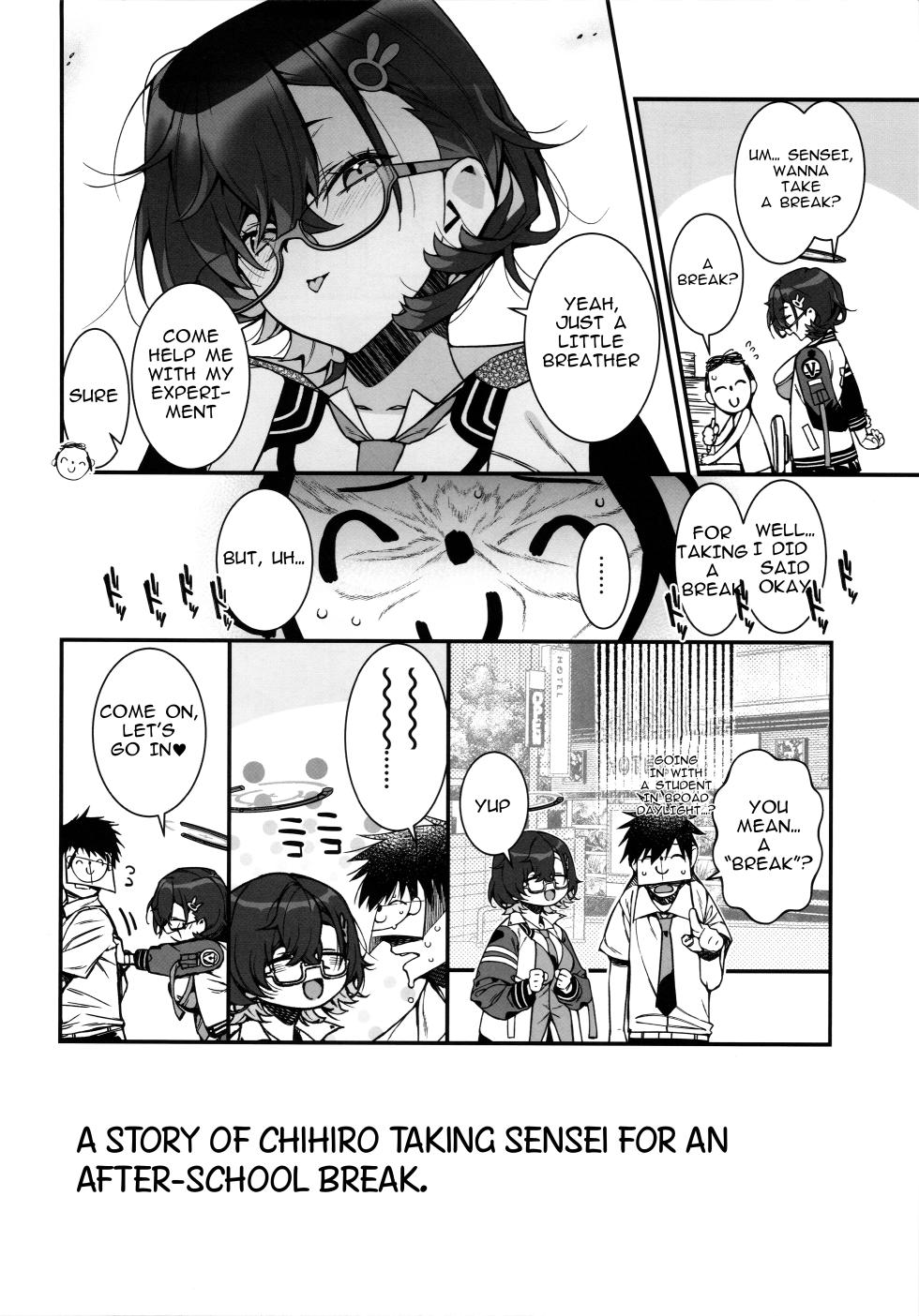 (C105) [Montage (Takato Suzunosuke)] Chihiro ga Sensei wo, Houkago no Gokyu-kei ni Turekomu Hanasi. | A Story of Chihiro Taking Sensei for an After-School Break. (Blue Archive) [English] - Page 4