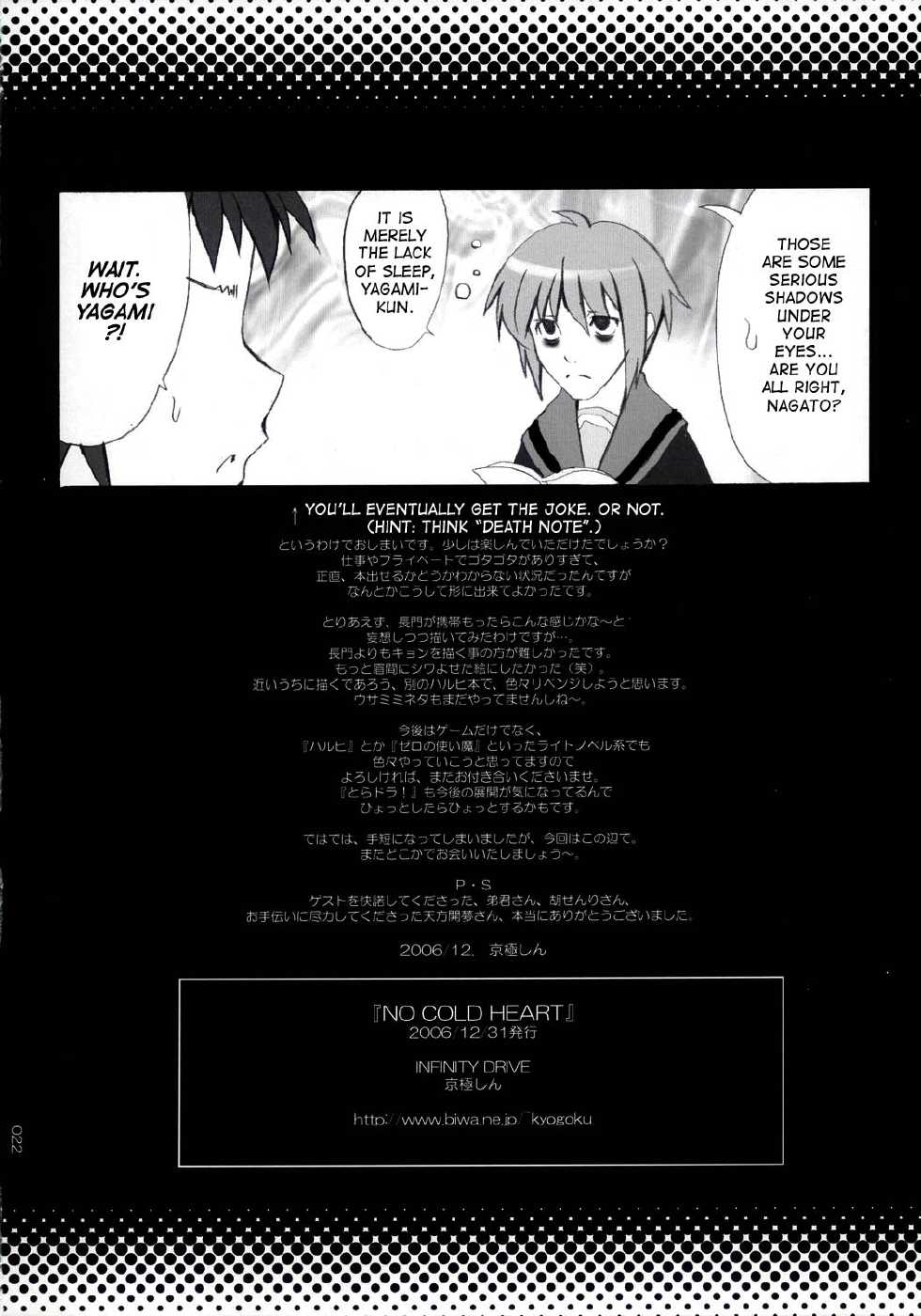 (C71) [INFINITY DRIVE (Kyougoku Shin)] NO COLD HEART (The Melancholy of Haruhi Suzumiya) [English] [M.K.] - Page 21