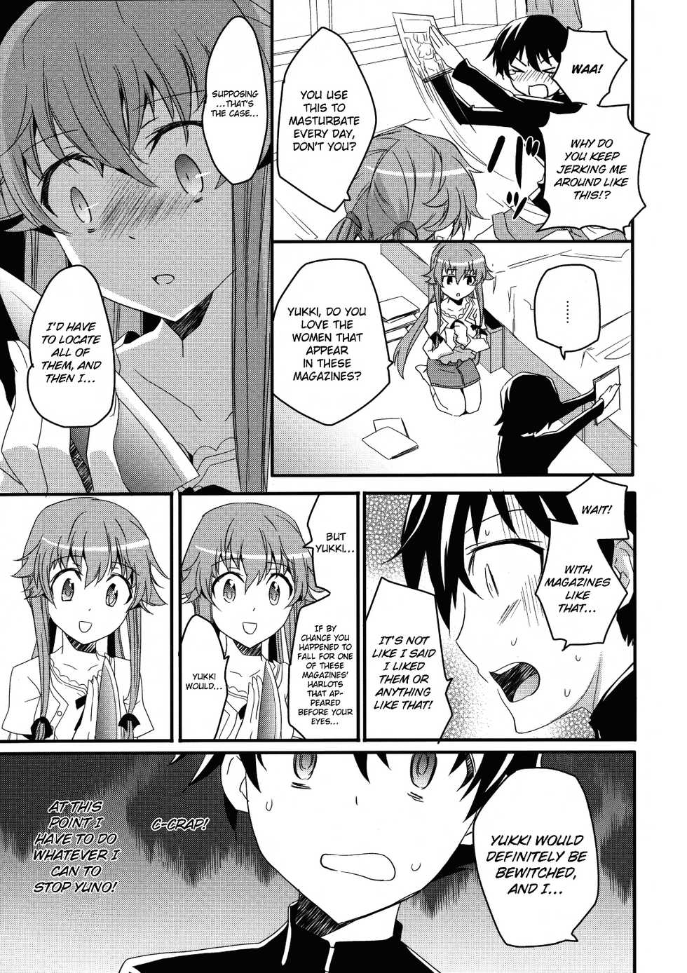 (C81) [Aienkien (Aito Matoko)] Stalker kara Hajimaru Ai mo Arundayo | There's Love That Can Begin From Stalking Too! (Mirai Nikki) [English] [life4Kaoru] - Page 6