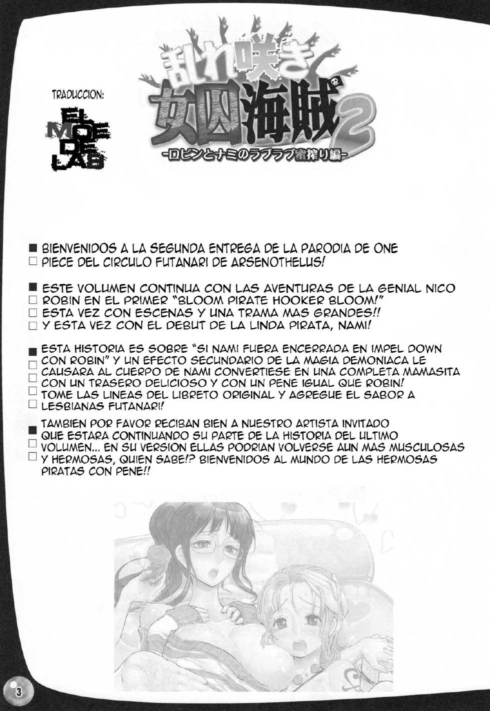 (Futaket 6) [Arsenothelus (Rebis, Chinbotsu)] Midarezaki Joshuu Kaizoku 2 -Robin to Nami no Love Love Mitsu Shibori hen- (One Piece) [Spanish] [FutanariFreak] - Page 2