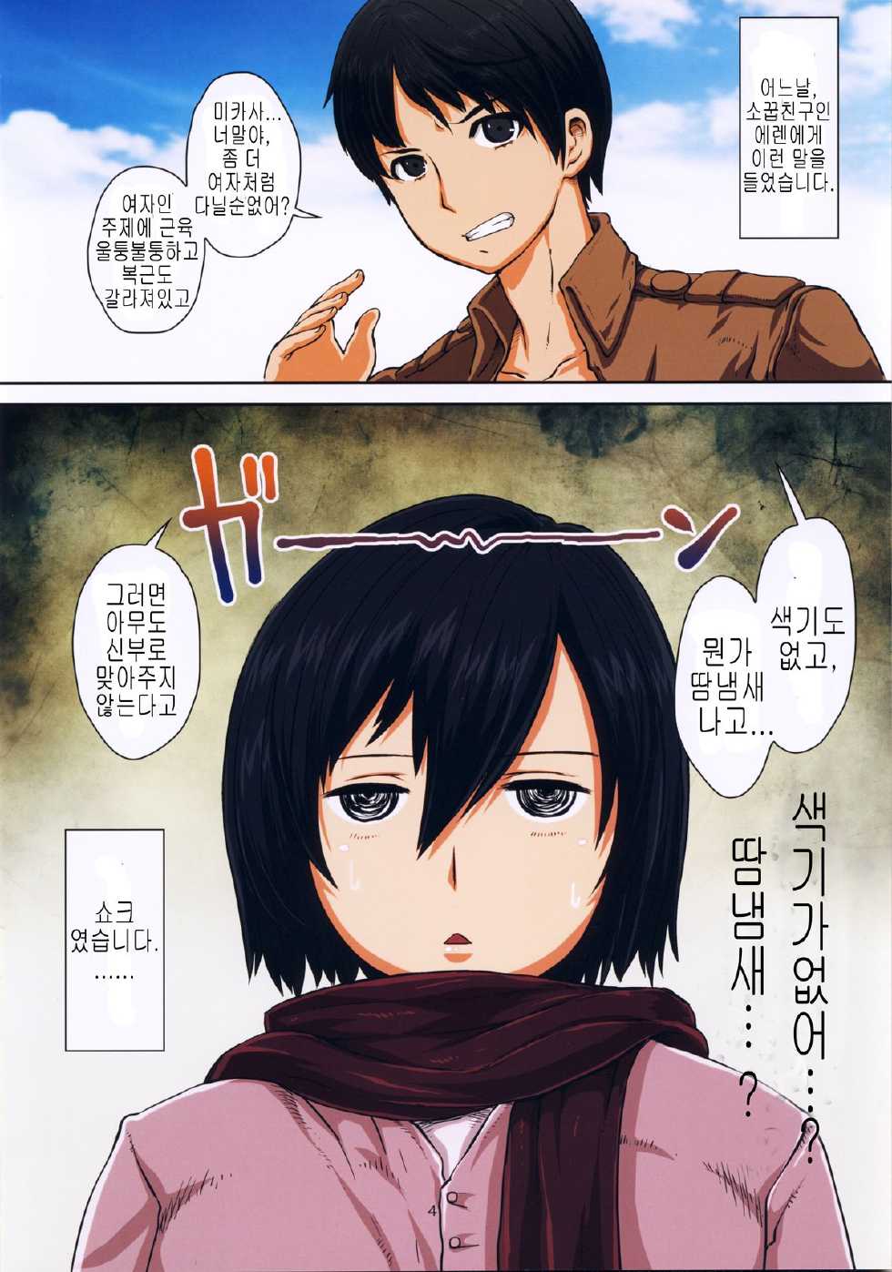 (C85) [8graphica (Yoshitama Ichirou, Nanakichi.)] Fukkin Joshi Mikasa Ackerman wa Taishuu ga Ki ni naru Otoshi goro. (Shingeki no Kyojin) [Korean] - Page 4