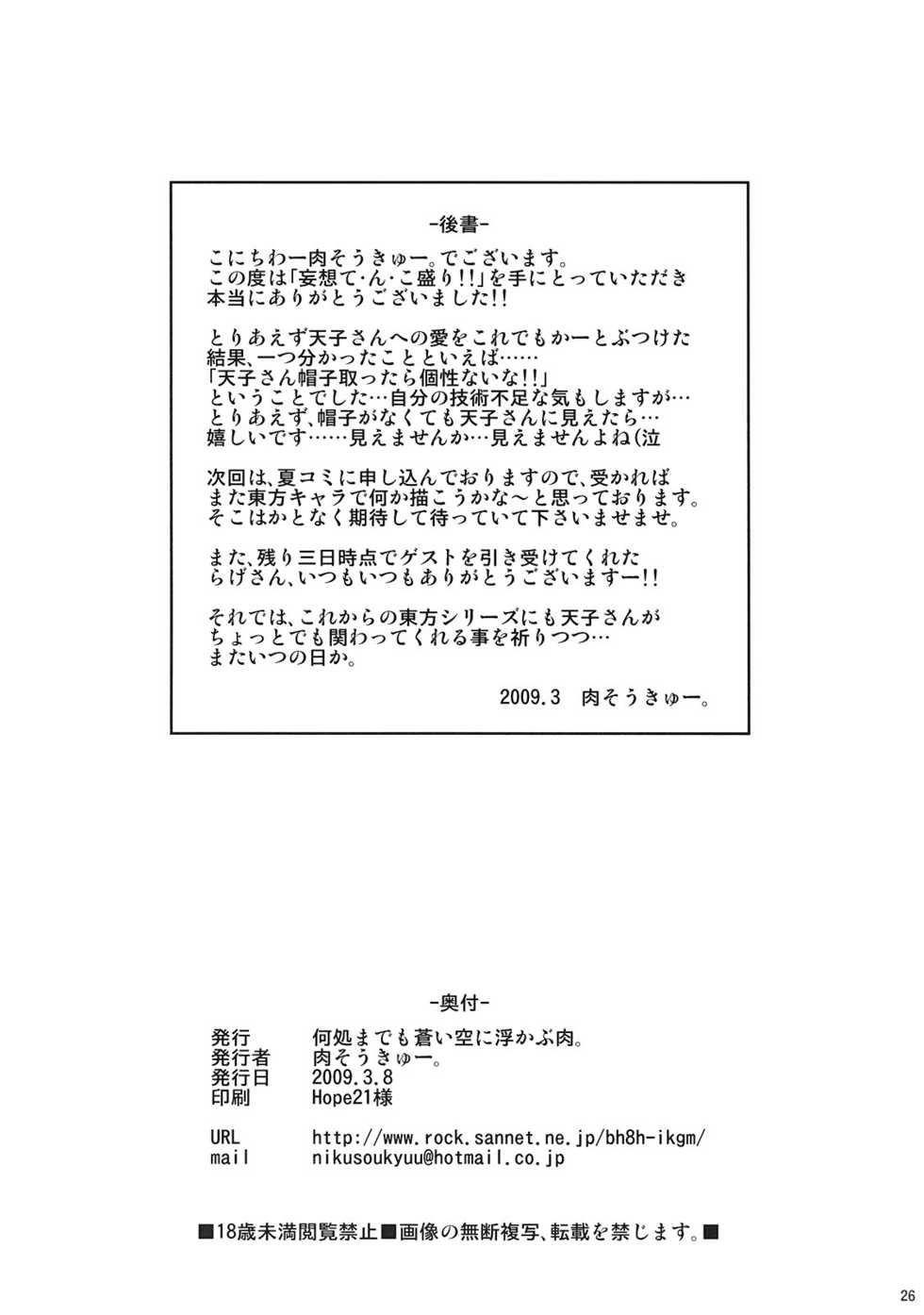 (Reitaisai 6) [Dokomademo Aoi Sora ni Ukabu Niku (Nikusoukyuu)] Mousou Te.n.ko mori!! (Touhou Project) [Korean] [LIMITE] - Page 26