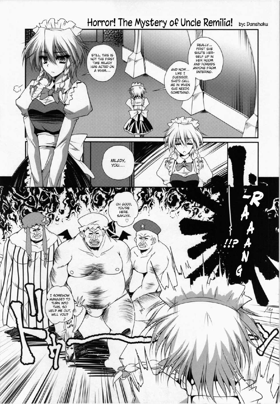 (Reitaisai 12) [Kuma-tan Flash! (Danshaku)] Kyoufu! Remilia Oji-san no Kai | Horror! The Mystery of Uncle Remilia! (Gensoukyou ni Tanetsuke Oji-san ga Yattekita YA-YA-YA) (Touhou Project) [English] - Page 1