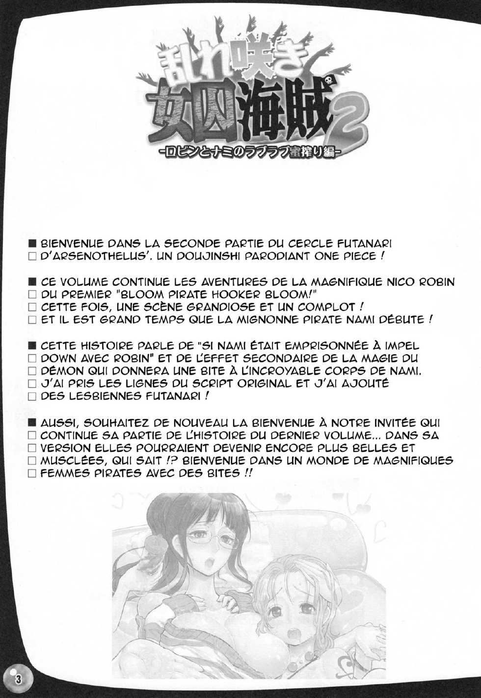(Futaket 6) [Arsenothelus (Rebis, Chinbotsu)] Midarezaki Joshuu Kaizoku 2 -Robin to Nami no Love Love Mitsu Shibori hen- (ONE PIECE) [French] [Xx-Link] - Page 2