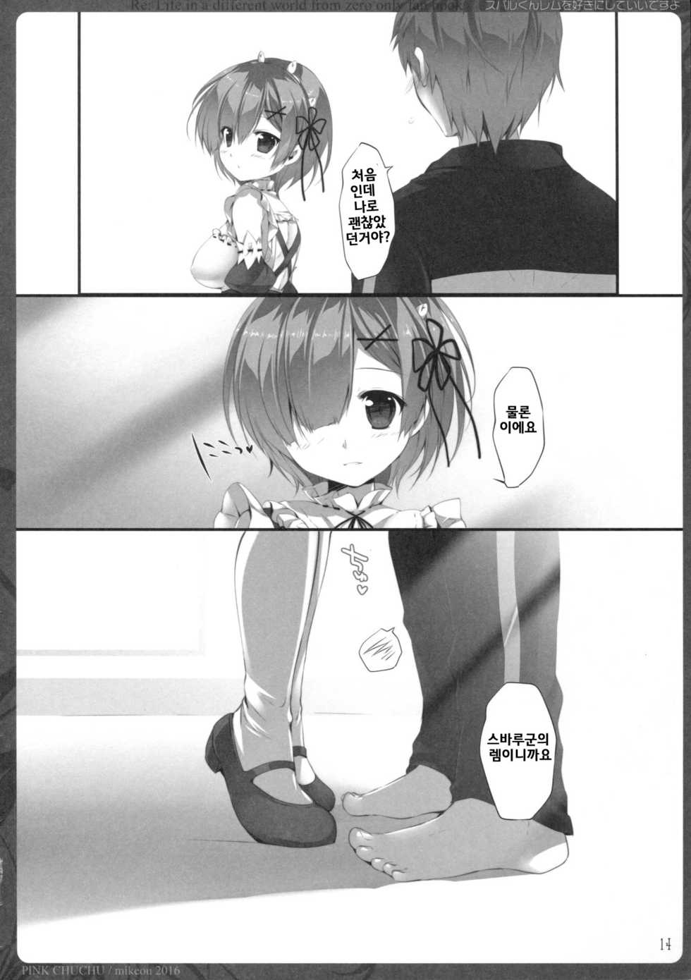(C90) [PINK CHUCHU (Mikeou)] Subaru-kun Rem o Suki ni Shite Ii desu yo (Re:Zero kara Hajimeru Isekai Seikatsu) [Korean] [팀데레마스] - Page 14