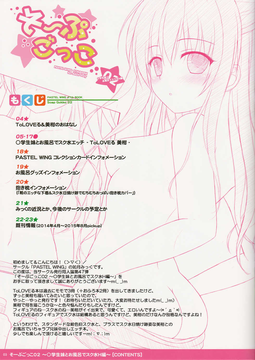 (C89) [PASTEL WING (Kisaragi-MIC)] Soap Gokko 02 ~Shougakusei Imouto to Ofuro de Sukumizu H Hen~ (To LOVE-Ru) - Page 3