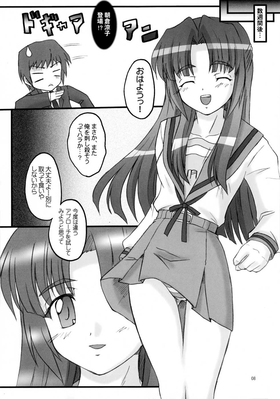 (Mudanano) [Chi-Ra-Rhyzhm (Hidaka Toworu, Mutsuki Hiiro, Shiigetsu Yuu)] Asakura Dou Deshou (Suzumiya Haruhi no Yuuutsu) - Page 8