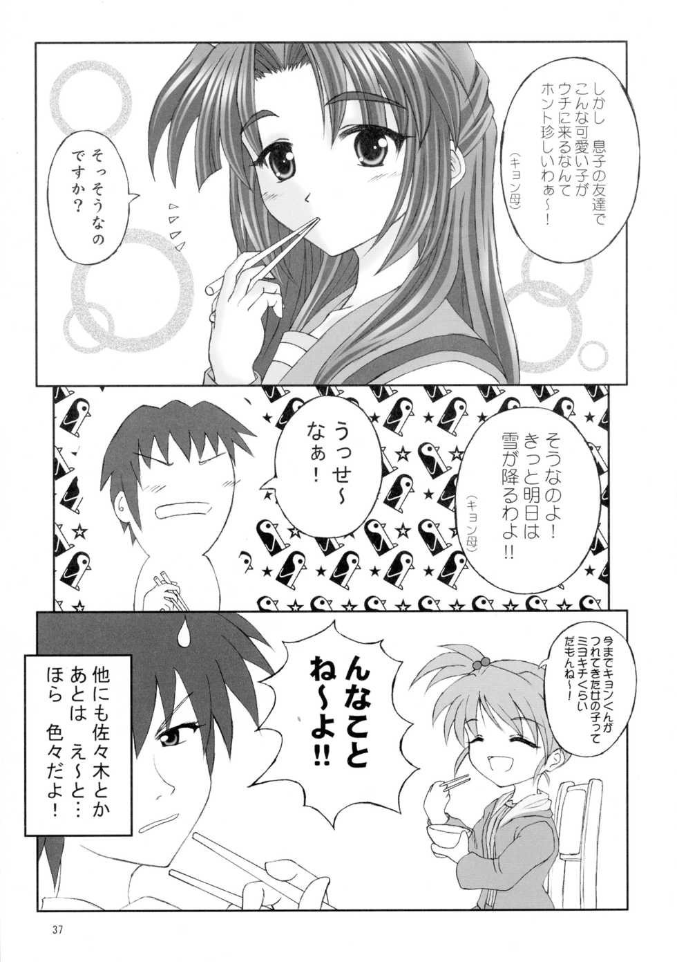 (Mudanano) [Chi-Ra-Rhyzhm (Hidaka Toworu, Mutsuki Hiiro, Shiigetsu Yuu)] Asakura Dou Deshou (Suzumiya Haruhi no Yuuutsu) - Page 37